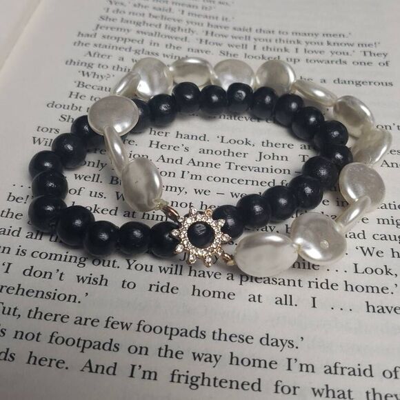 Faux MOP Bracelet with Sun Diamonds and Black Beaded Bracelet - Picture 1 of 4